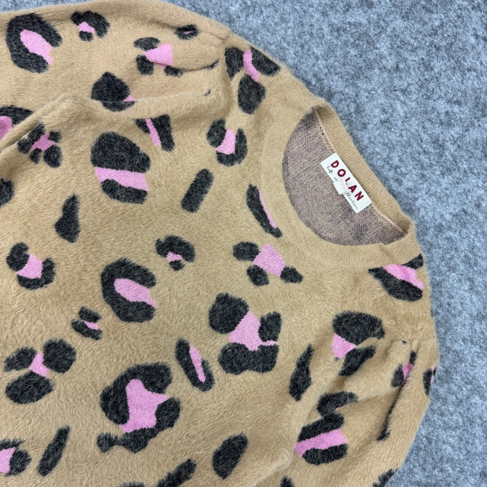 Dolan Leopard Print Fuzzy Puff Sleeve Sweater Tan Pink Medium